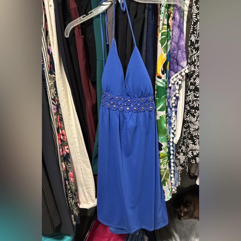 Blue Halter Maxi Dress with Embellished Waist